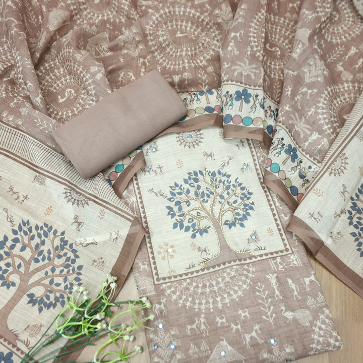 Rangoli Slate Beige Moti Work Tree Print Yoke in Verli Printed Cotton Linen Set