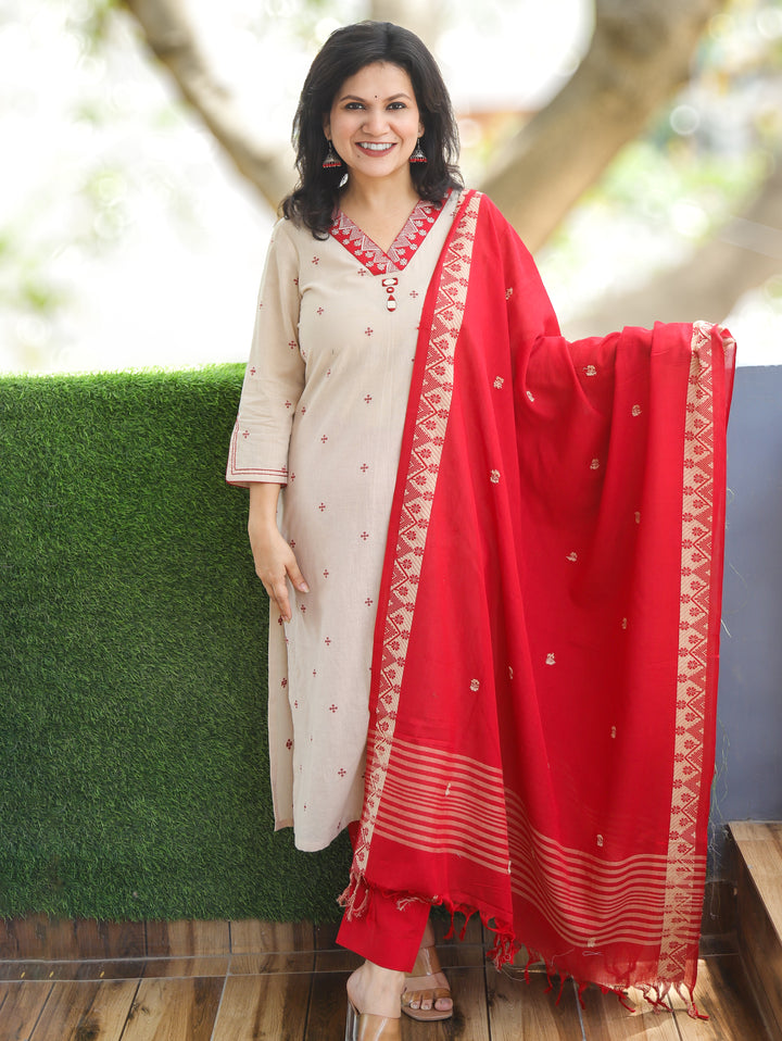Emily Beige with Red Weaved South Cotton 3 Piece Set