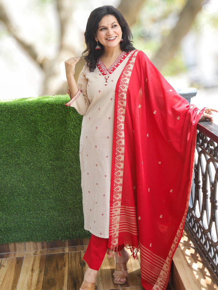 Emily Beige with Red Weaved South Cotton 3 Piece Set