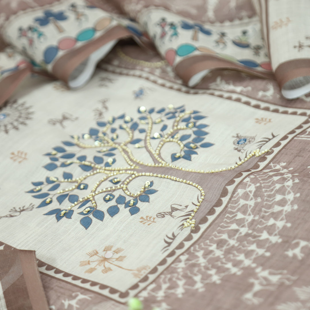 Rangoli Slate Beige Moti Work Tree Print Yoke in Verli Printed Cotton Linen Set