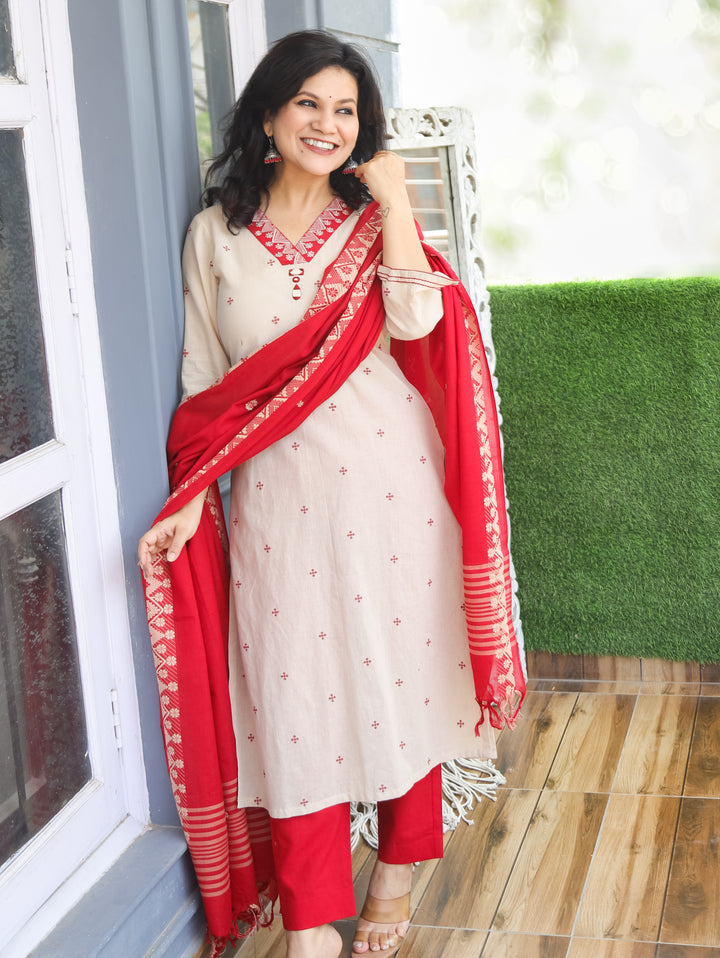 Emily Beige with Red Weaved South Cotton 3 Piece Set