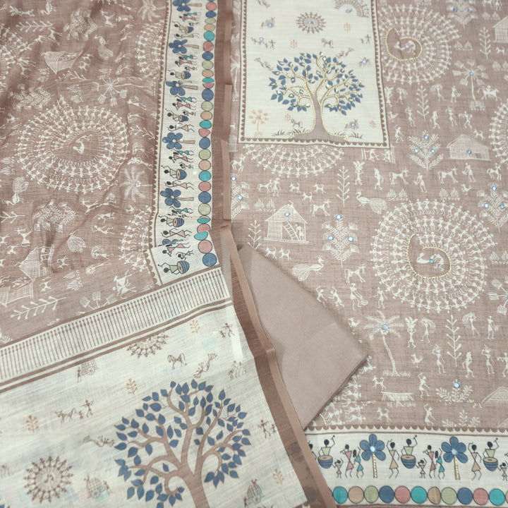 Rangoli Slate Beige Moti Work Tree Print Yoke in Verli Printed Cotton Linen Set