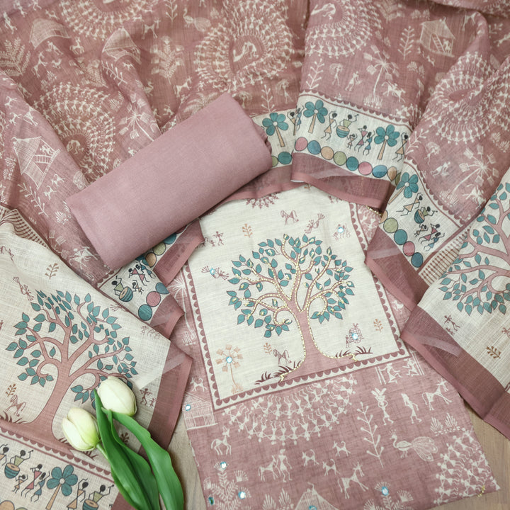Rangoli Rosy Mauve Moti Work Tree Print Yoke in Verli Printed Cotton Linen Set