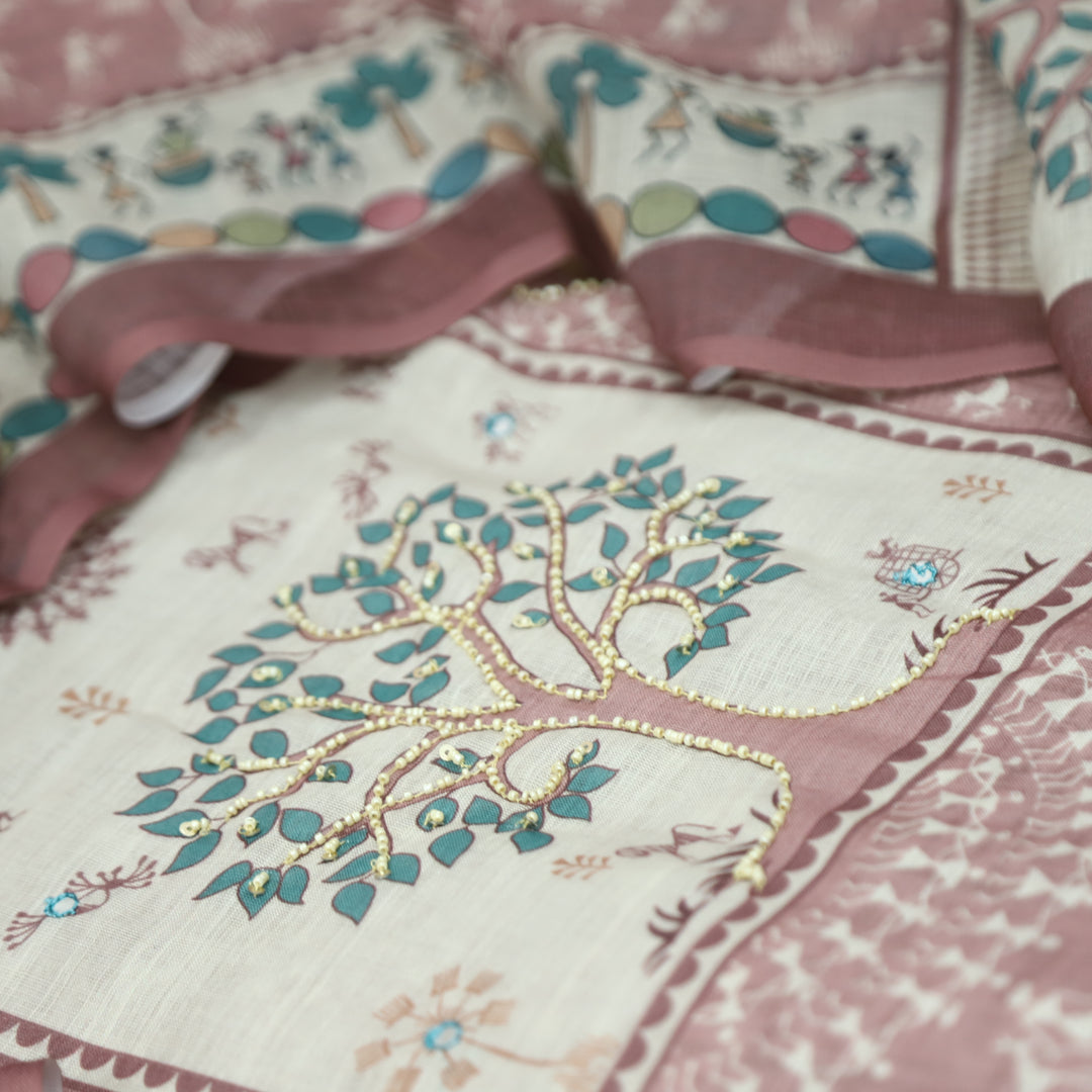 Rangoli Rosy Mauve Moti Work Tree Print Yoke in Verli Printed Cotton Linen Set