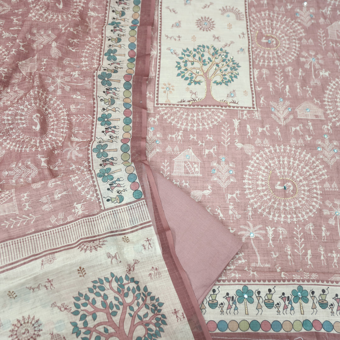 Rangoli Rosy Mauve Moti Work Tree Print Yoke in Verli Printed Cotton Linen Set