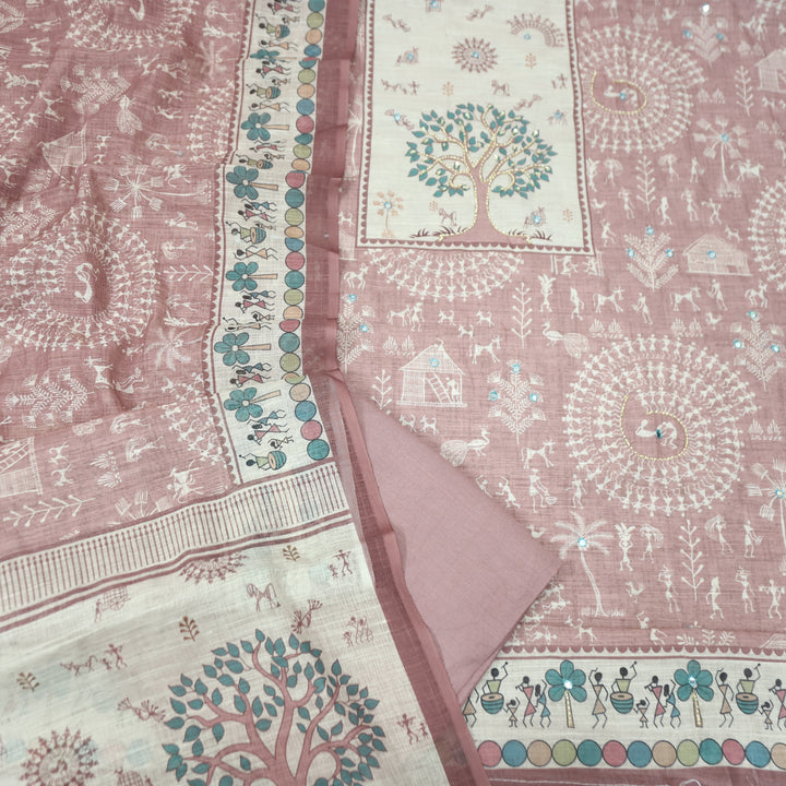 Rangoli Rosy Mauve Moti Work Tree Print Yoke in Verli Printed Cotton Linen Set