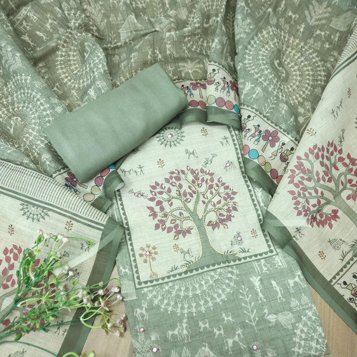 Rangoli Sage Green Moti Work Tree Print Yoke in Verli Printed Cotton Linen Set