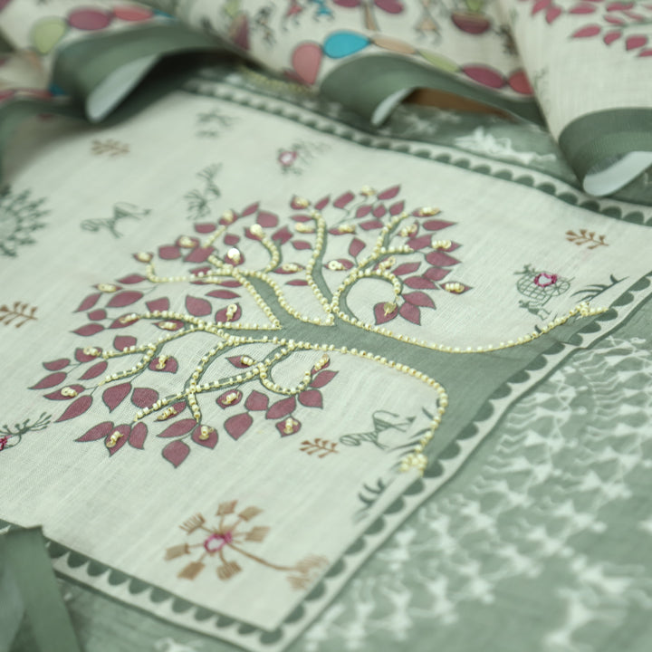 Rangoli Sage Green Moti Work Tree Print Yoke in Verli Printed Cotton Linen Set