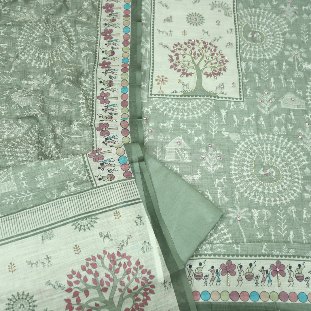 Rangoli Sage Green Moti Work Tree Print Yoke in Verli Printed Cotton Linen Set
