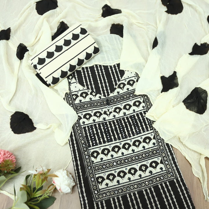 Roshni Beige with Black Digital Printed Yoke with V Neck Hanging Detailing Cotton Set