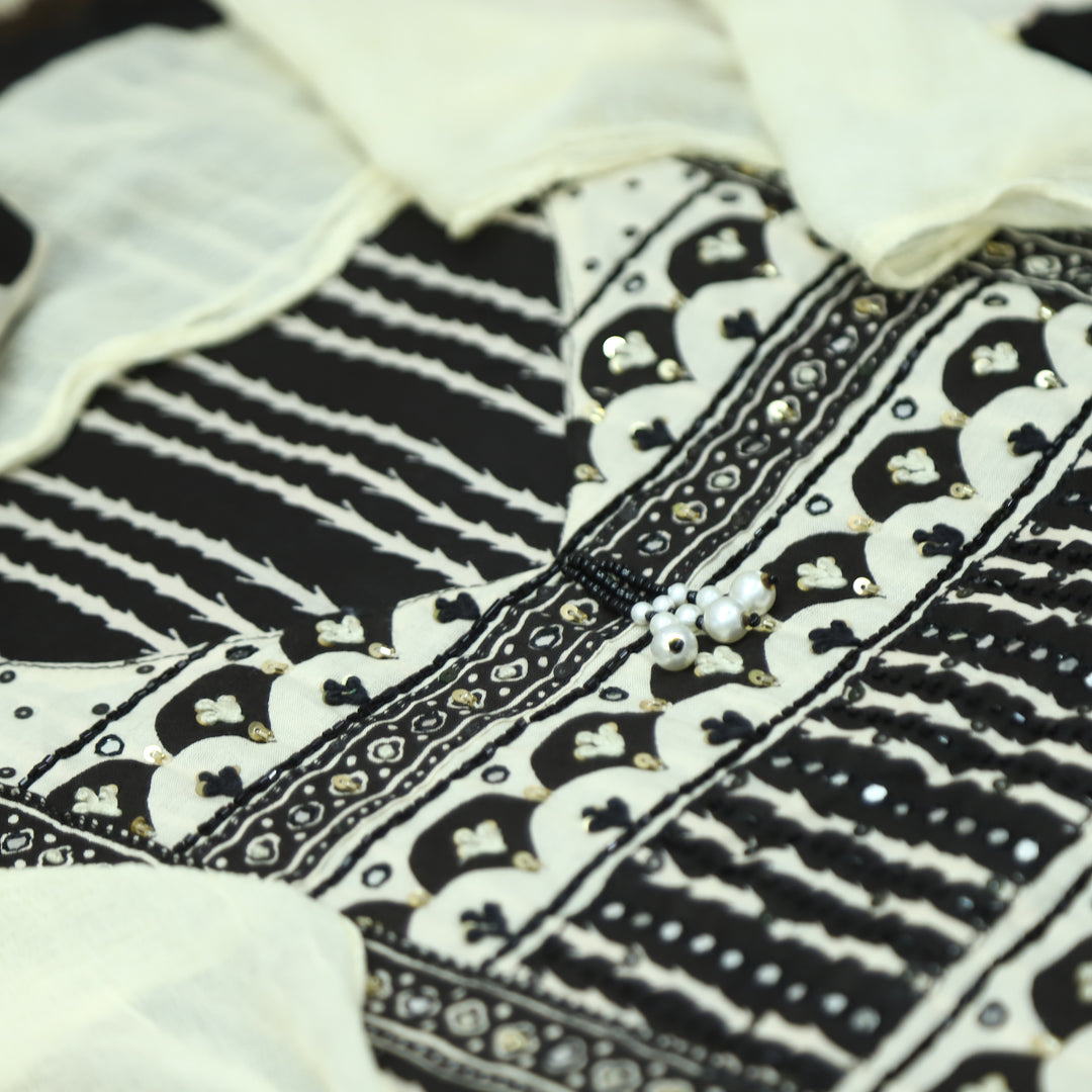 Roshni Beige with Black Digital Printed Yoke with V Neck Hanging Detailing Cotton Set