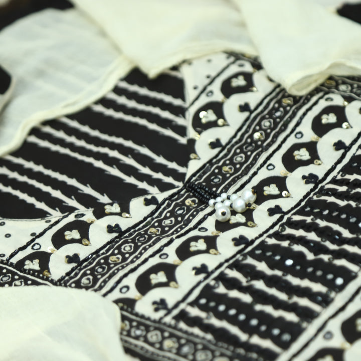 Roshni Beige with Black Digital Printed Yoke with V Neck Hanging Detailing Cotton Set