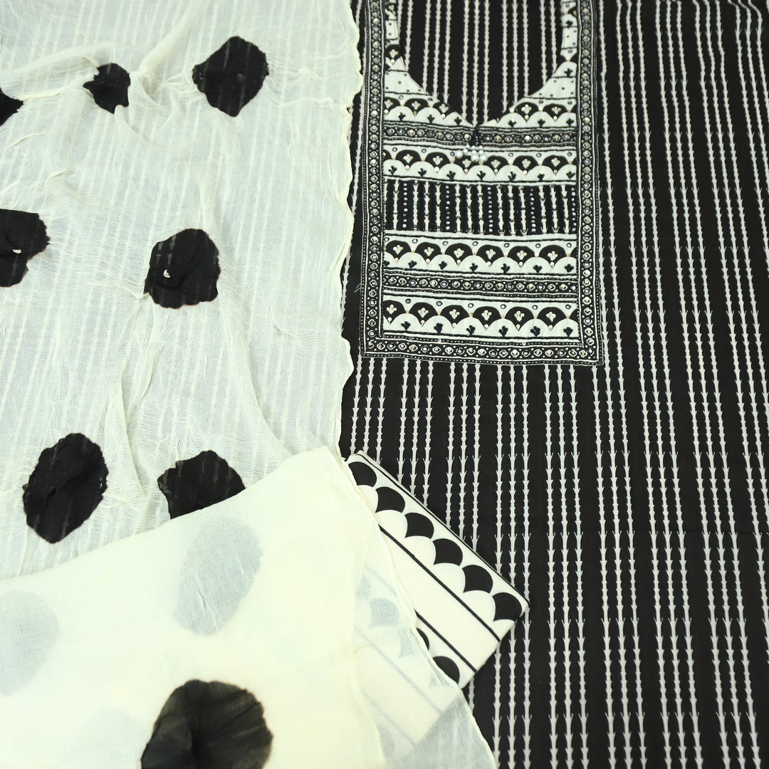 Roshni Beige with Black Digital Printed Yoke with V Neck Hanging Detailing Cotton Set