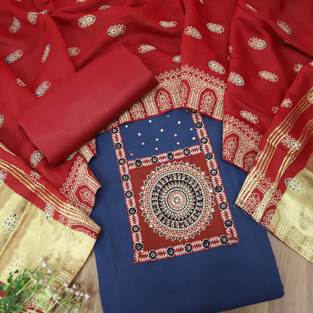 Kakaswi Denim Blue Ajrakh Patch with Patra Work Cotton Set
