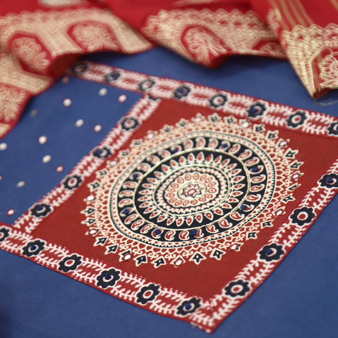 Kakaswi Denim Blue Ajrakh Patch with Patra Work Cotton Set