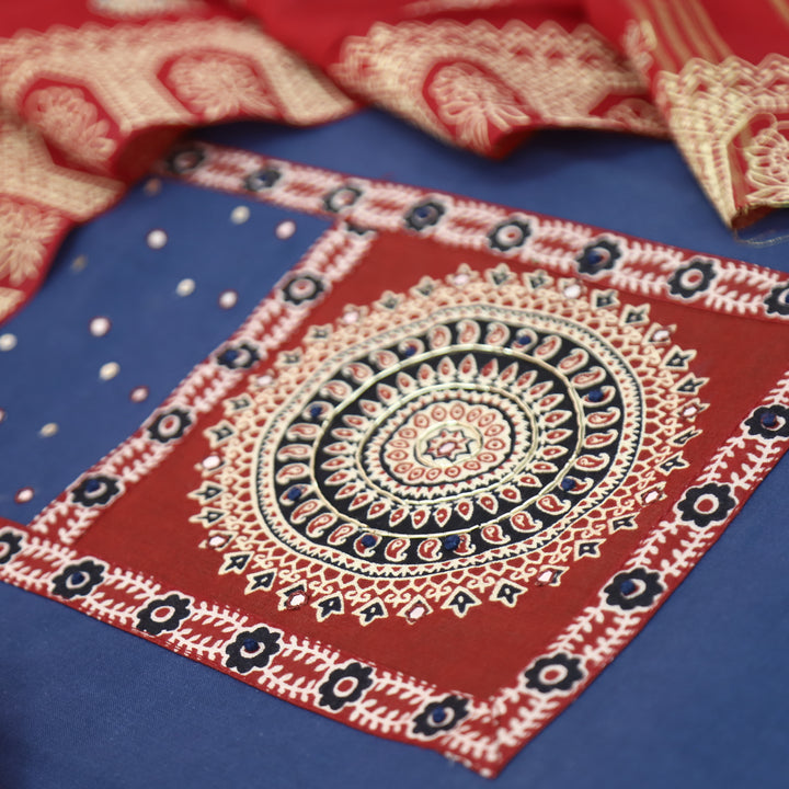 Kakaswi Denim Blue Ajrakh Patch with Patra Work Cotton Set