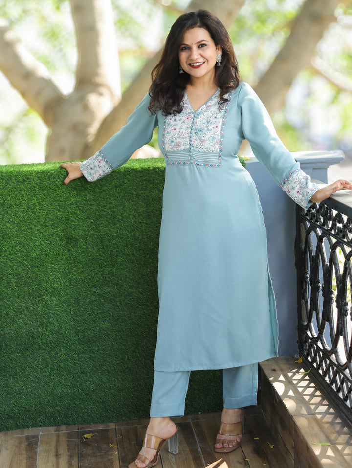 Tarang Powder Blue Potli Button Work in Kanni Yoke Semi Pashmina Winter Kurti
