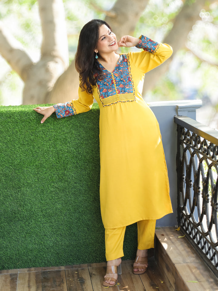 Tarang Bumblebee Yellow Potli Button Work in Kanni Yoke Semi Pashmina Winter Kurti