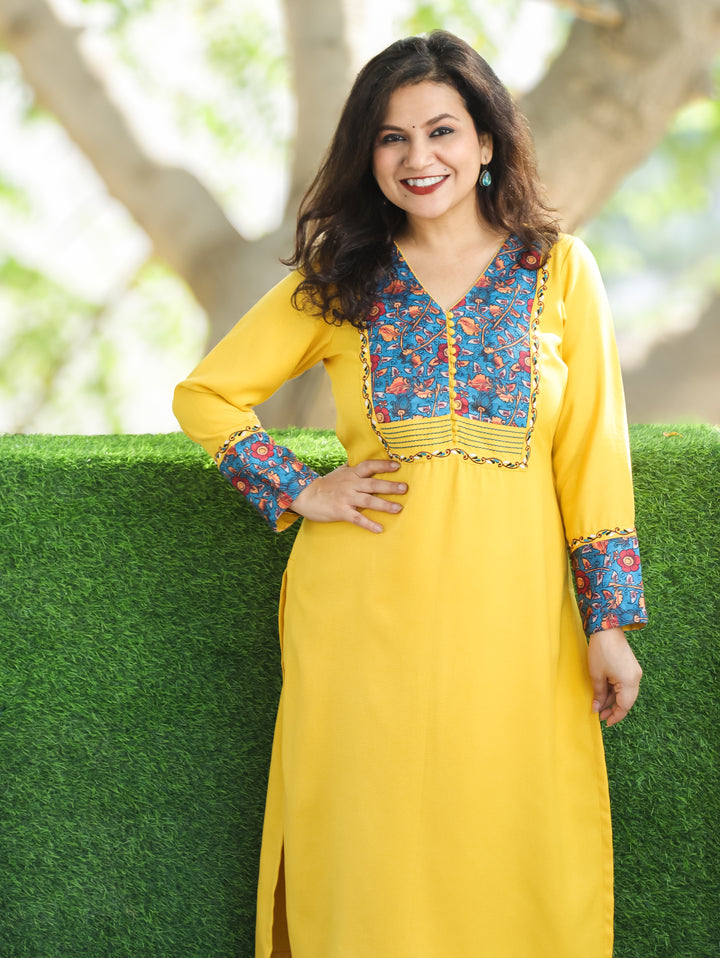 Tarang Bumblebee Yellow Potli Button Work in Kanni Yoke Semi Pashmina Winter Kurti