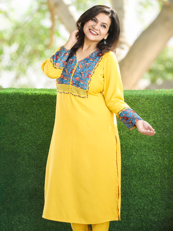 Tarang Bumblebee Yellow Potli Button Work in Kanni Yoke Semi Pashmina Winter Kurti
