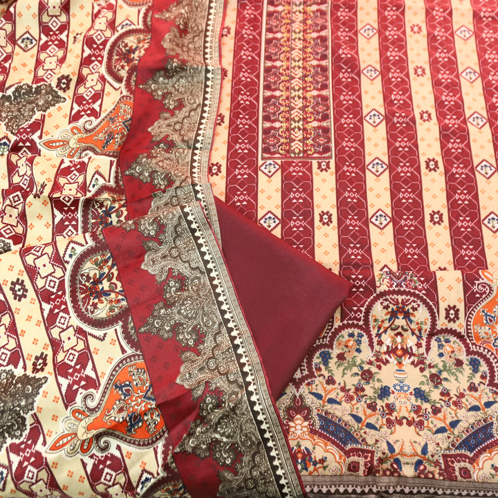 आरजू Mahogany Red Swarovski Work with Digital Printed Semi Pashmina Winter Set