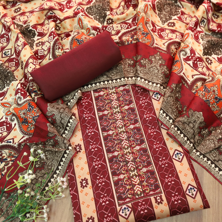 आरजू Mahogany Red Swarovski Work with Digital Printed Semi Pashmina Winter Set
