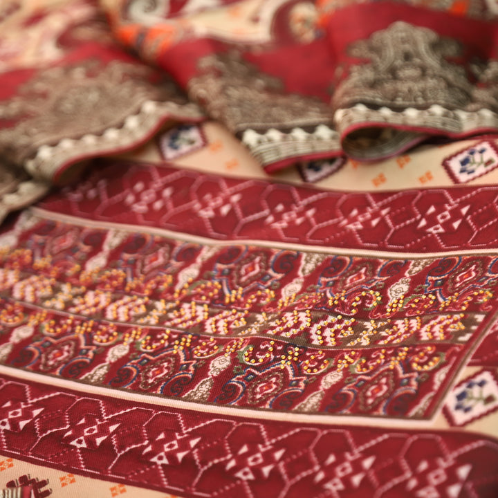 आरजू Mahogany Red Swarovski Work with Digital Printed Semi Pashmina Winter Set