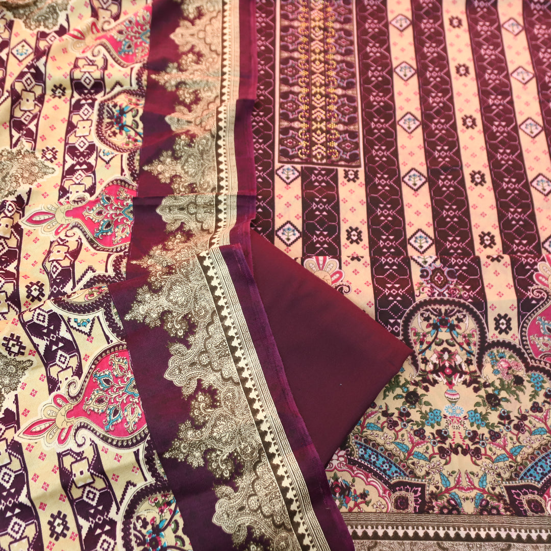 आरजू Dark Wine Swarovski Work with Digital Printed Semi Pashmina Winter Set