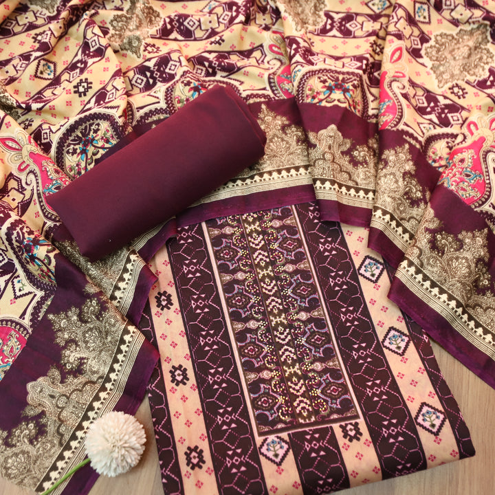 आरजू Dark Wine Swarovski Work with Digital Printed Semi Pashmina Winter Set