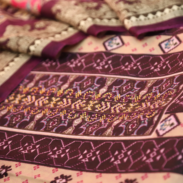 आरजू Dark Wine Swarovski Work with Digital Printed Semi Pashmina Winter Set