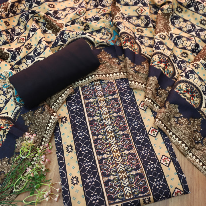 आरजू Navy Blue Swarovski Work with Digital Printed Semi Pashmina Winter Set