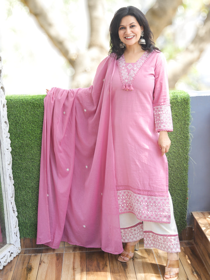 Shadvi Orchid Lilac Embroidered Cotton 3 Piece Set