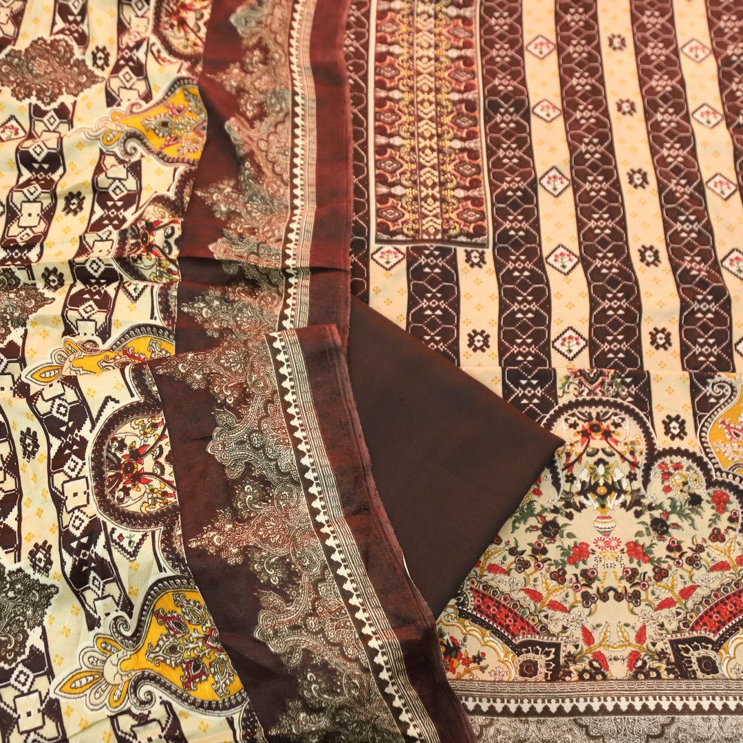 आरजू Chocolate Brown Swarovski Work with Digital Printed Semi Pashmina Winter Set