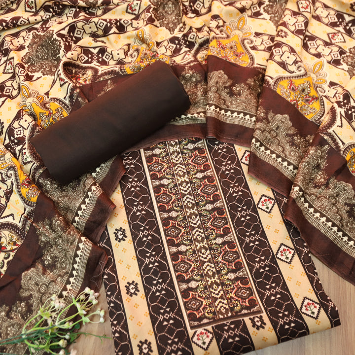 आरजू Chocolate Brown Swarovski Work with Digital Printed Semi Pashmina Winter Set