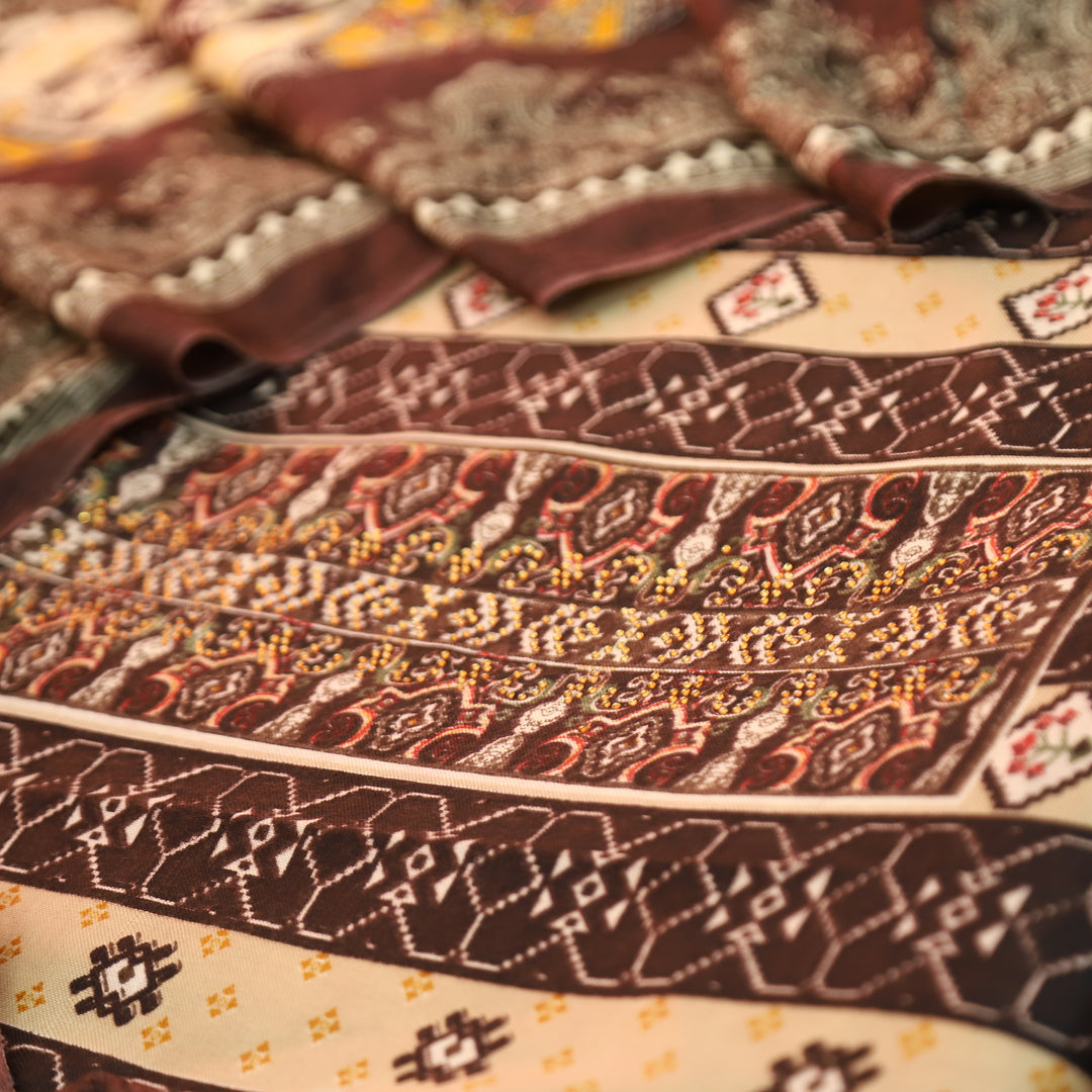 आरजू Chocolate Brown Swarovski Work with Digital Printed Semi Pashmina Winter Set