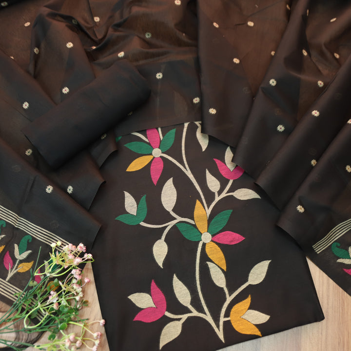 Vishakha Night Black All Over Authentic Jamdani Weaved Hem Chanderi Suit Set