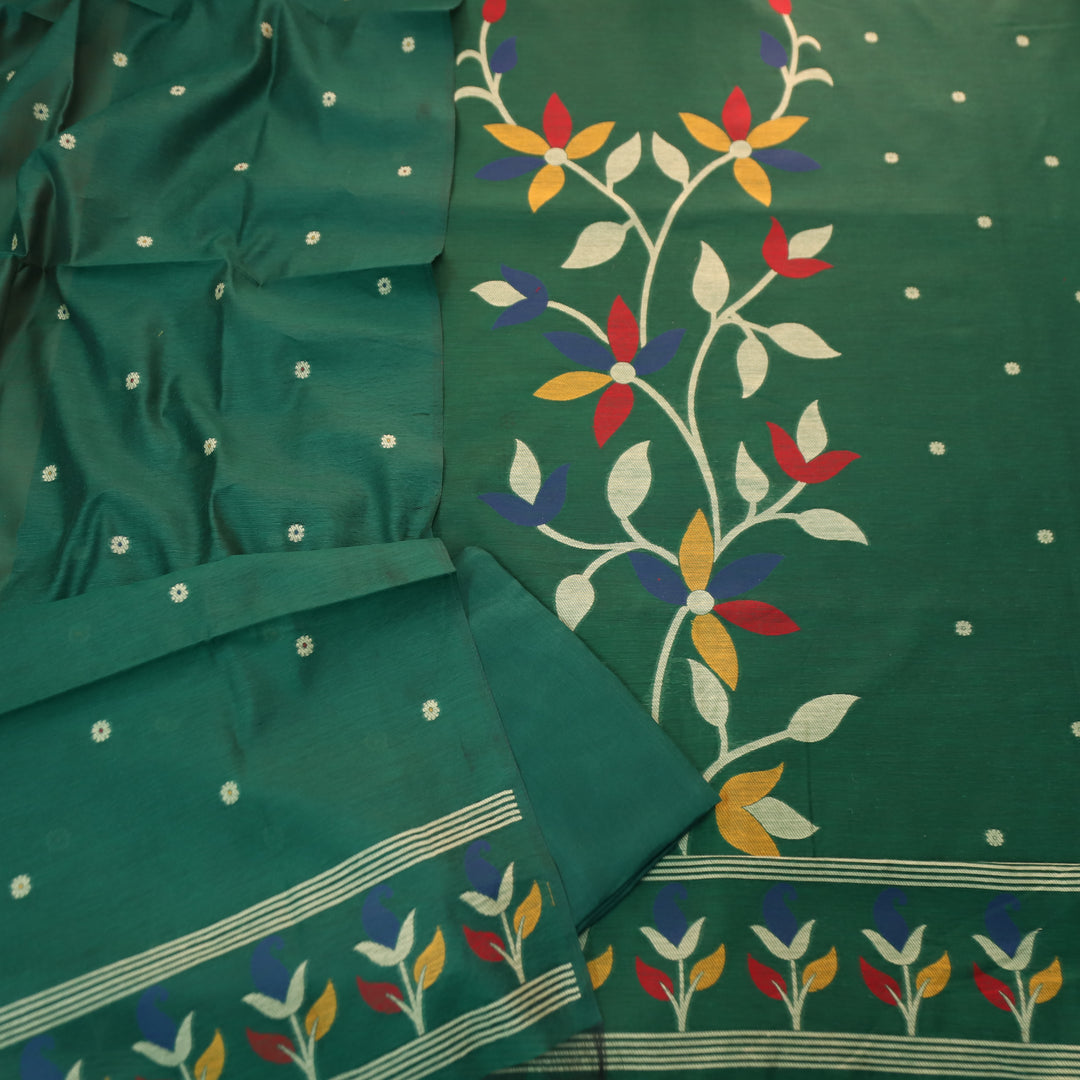 Vishakha Dark Green All Over Authentic Jamdani Weaved Hem Chanderi Suit Set