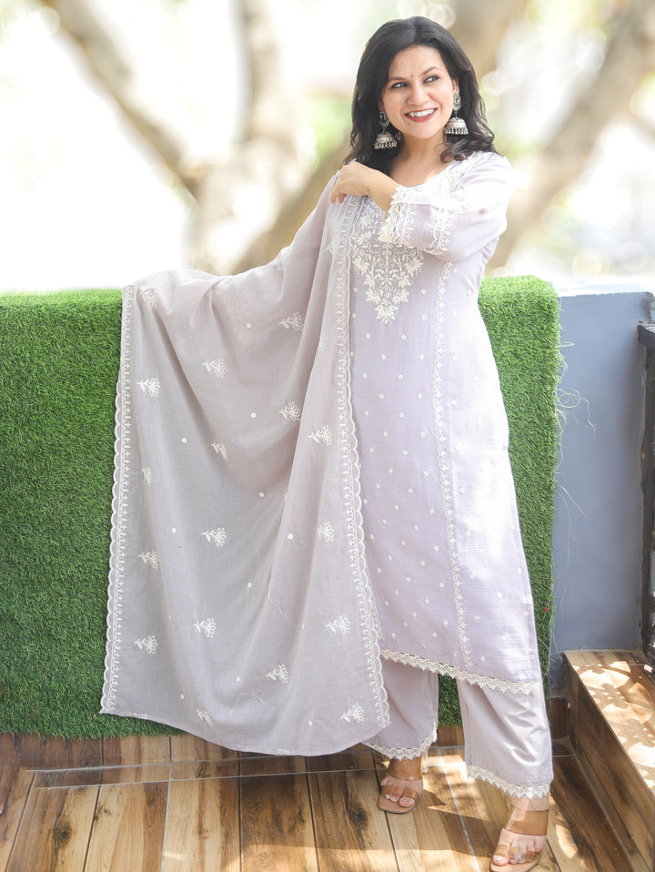 Shobha Sky Grey Chikankari Mul Cotton 3 Piece Set