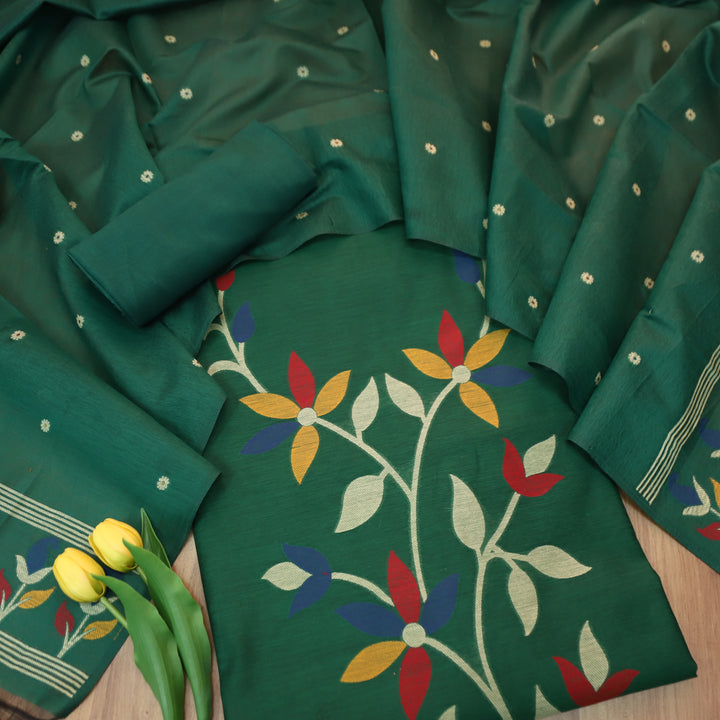 Vishakha Dark Green All Over Authentic Jamdani Weaved Hem Chanderi Suit Set