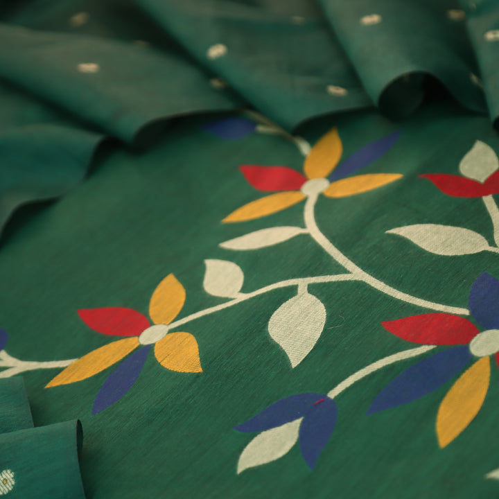 Vishakha Dark Green All Over Authentic Jamdani Weaved Hem Chanderi Suit Set