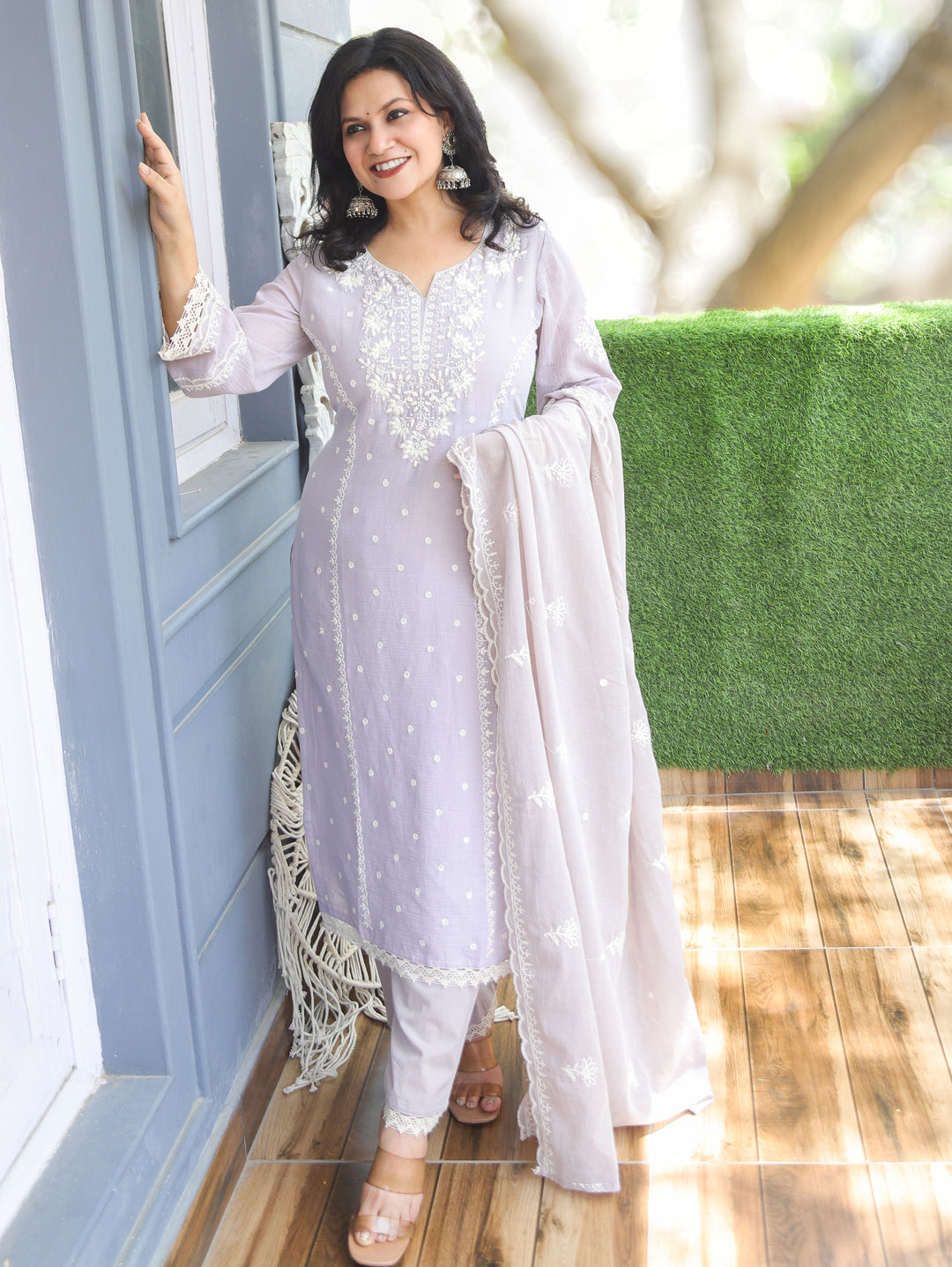Shobha Sky Grey Chikankari Mul Cotton 3 Piece Set
