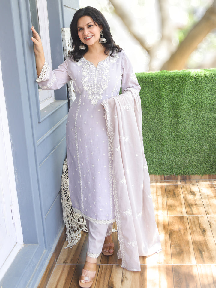 Shobha Sky Grey Chikankari Mul Cotton 3 Piece Set