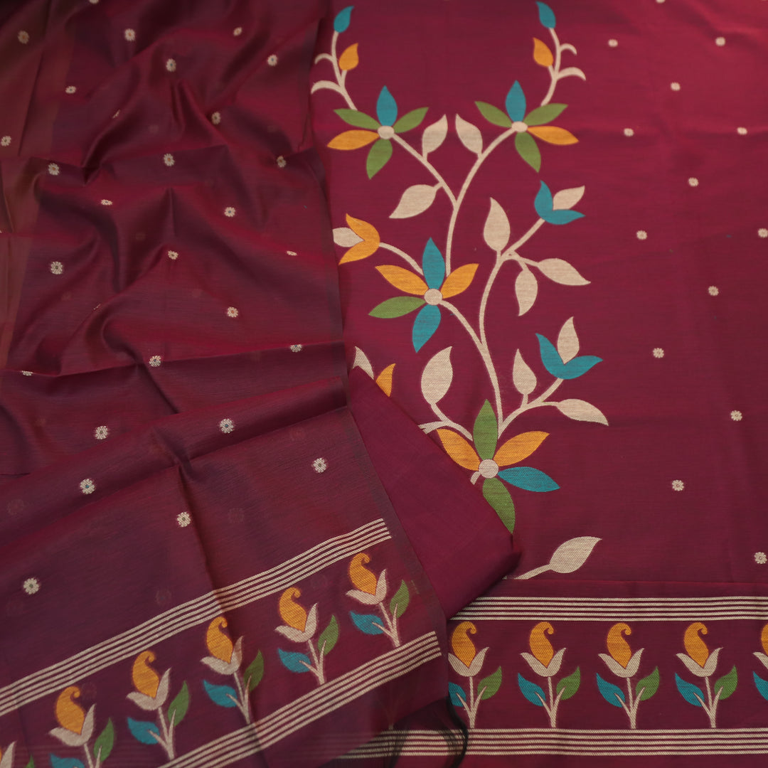 Vishakha Burgundy Wine All Over Authentic Jamdani Weaved Hem Chanderi Suit Set