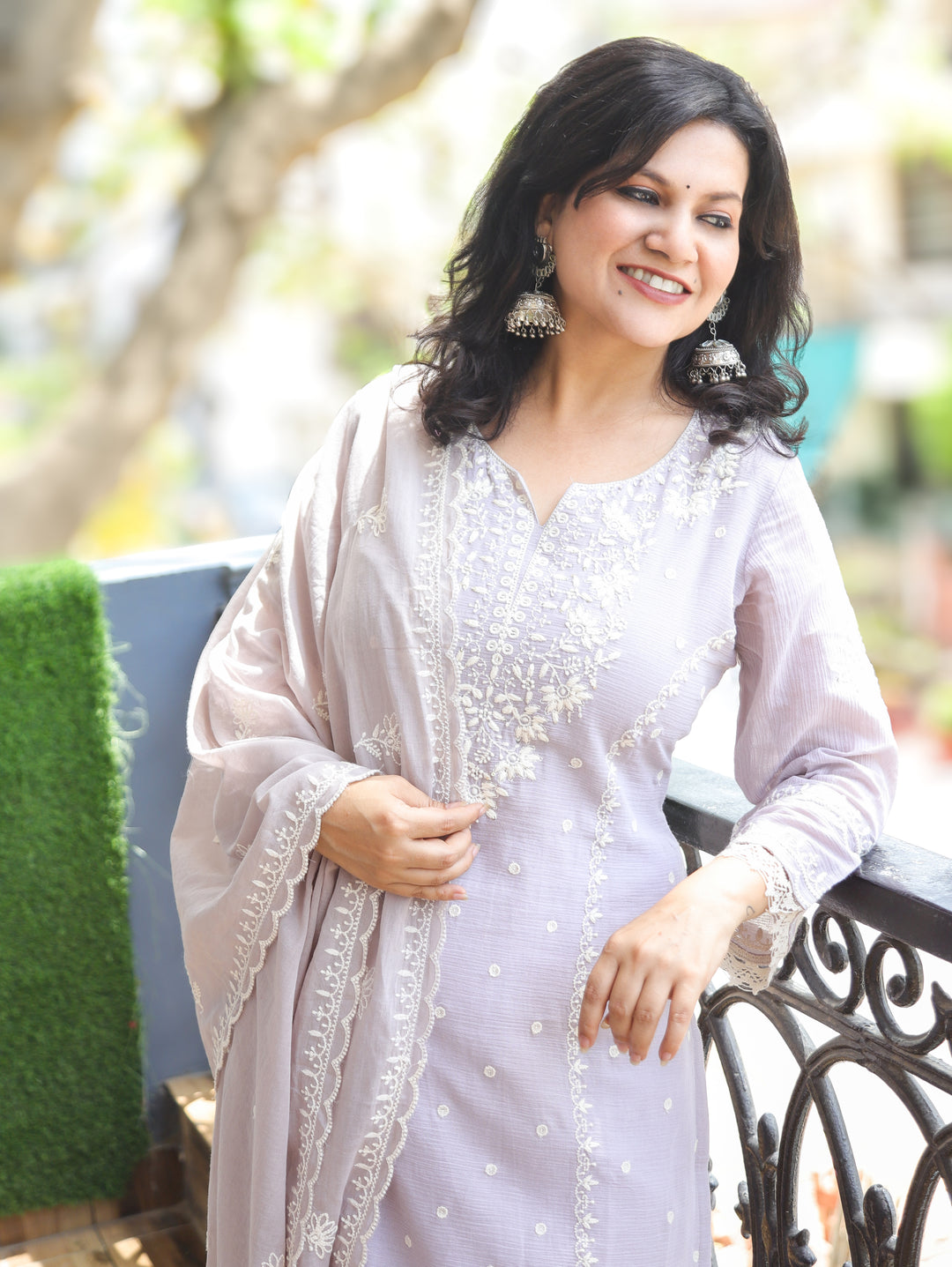 Shobha Sky Grey Chikankari Mul Cotton 3 Piece Set