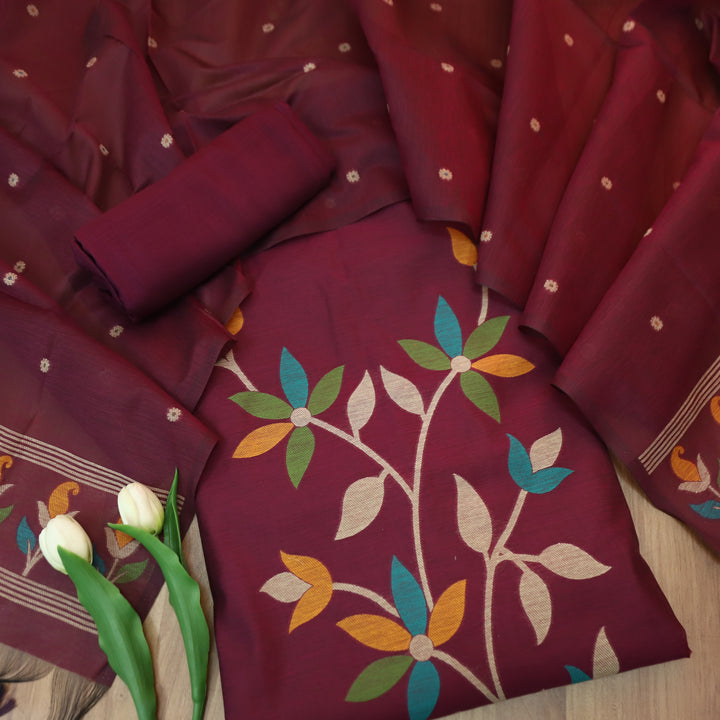 Vishakha Burgundy Wine All Over Authentic Jamdani Weaved Hem Chanderi Suit Set