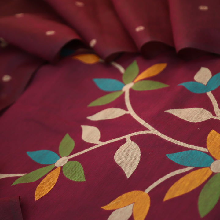 Vishakha Burgundy Wine All Over Authentic Jamdani Weaved Hem Chanderi Suit Set