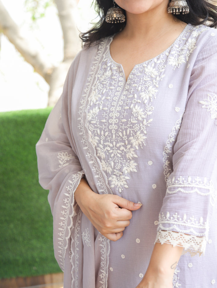 Shobha Sky Grey Chikankari Mul Cotton 3 Piece Set