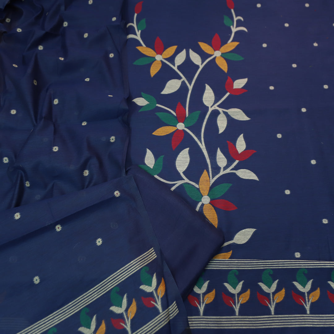 Vishakha Royal Blue All Over Authentic Jamdani Weaved Hem Chanderi Suit Set