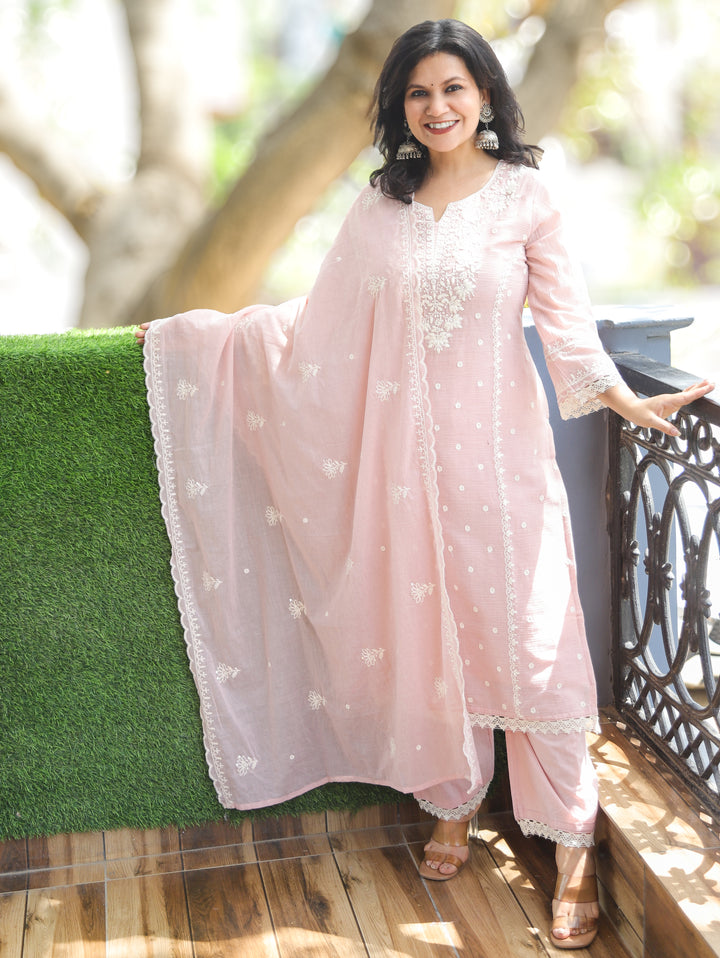 Shobha Pastel Pink Chikankari Mul Cotton 3 Piece Set