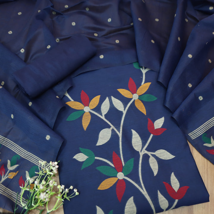 Vishakha Royal Blue All Over Authentic Jamdani Weaved Hem Chanderi Suit Set